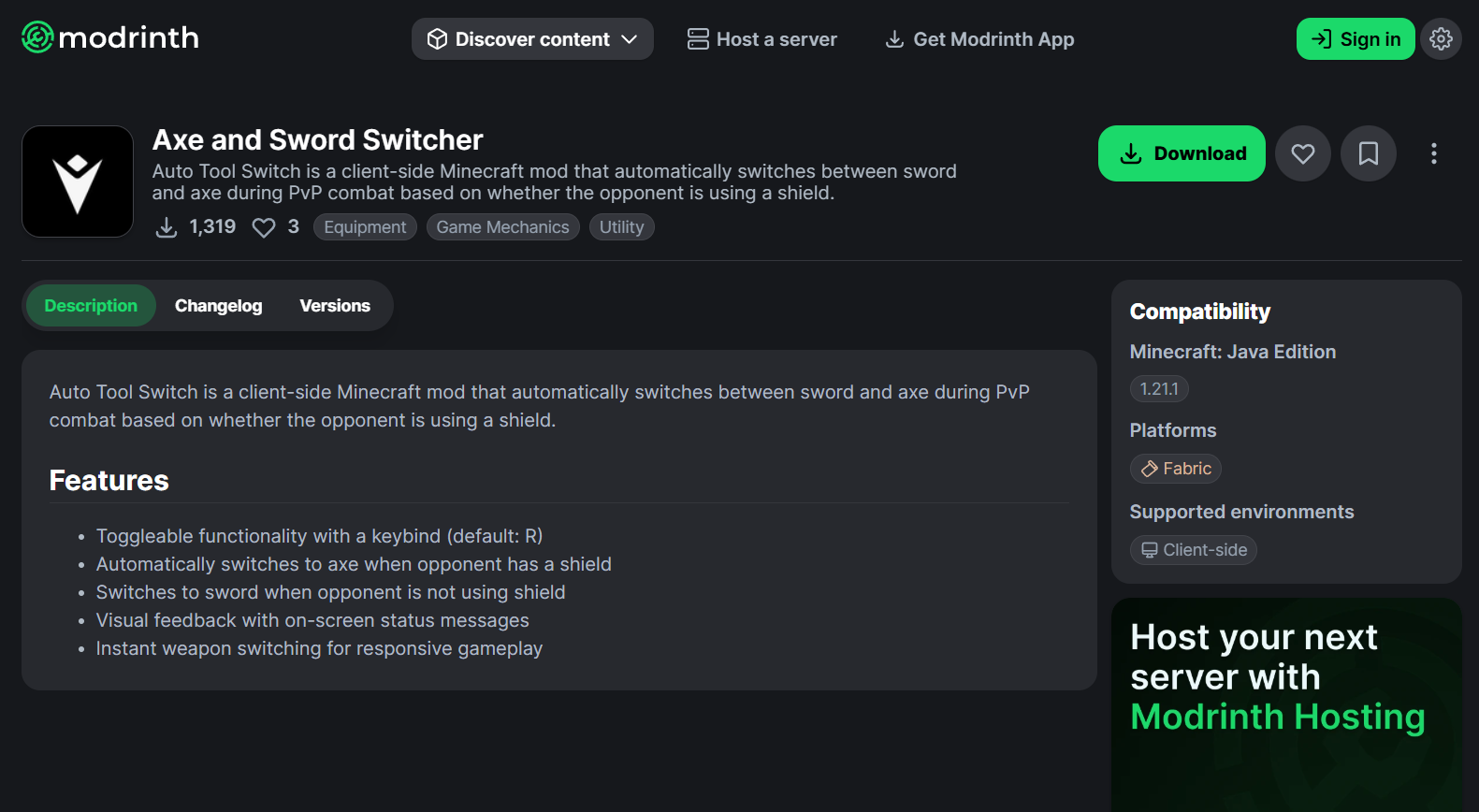 Axe and Sword Switcher Mod